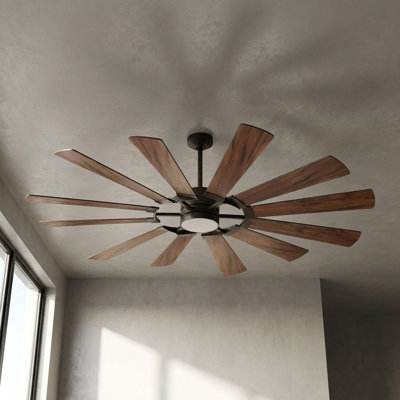 12 Blade Wood Ceiling Fan With Light, 8509 Cfm High Airflow, Quiet Dc Motor, 3 Cct Led Light, Reversible Function, 3 Downrods, Modern Indoor/Commercial Ceiling Fan For Large Rooms