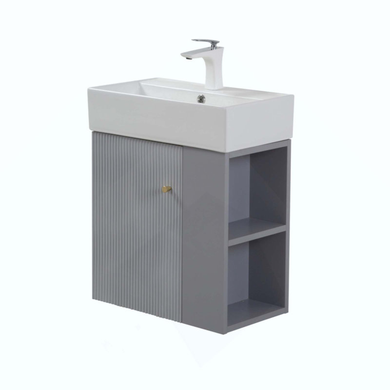 Meuble-lavabo mural avec lavabo en céramique, porte à fermeture en douceur, tablette de rangement flottante à droite, assemblage requis