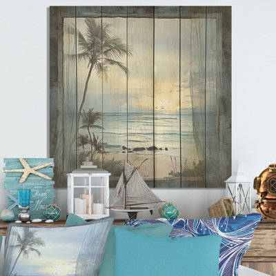 Tranquility Beach Windows Horizon IV - Coastal Windows On Wood Print