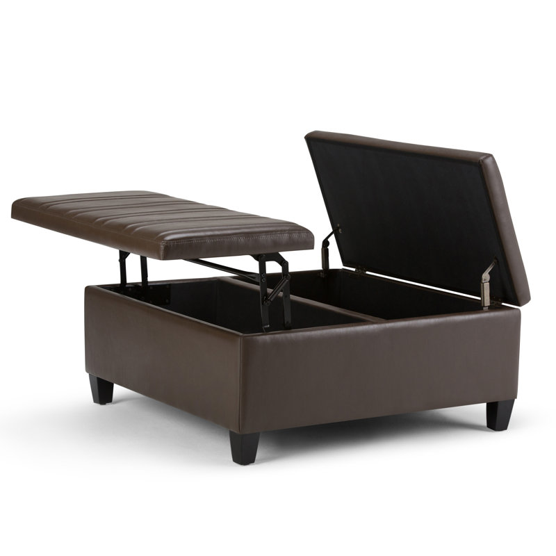 Ellis 36"W Upholstered Vegan Leather Modern Square Coffee Table Storage Ottoman with Split Lift-Top