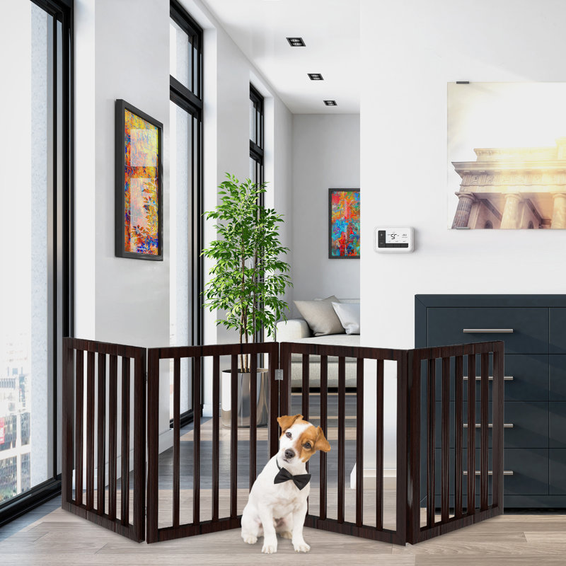 Brown 4-Panel Freestanding Retractable Pet Gate with Metal Hinges