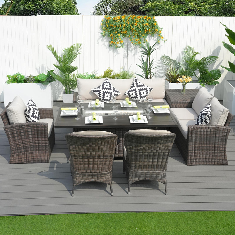 Floria Wicker 8 - Person Patio Conversation Set with Cushions, Brown/Beige, Beige
