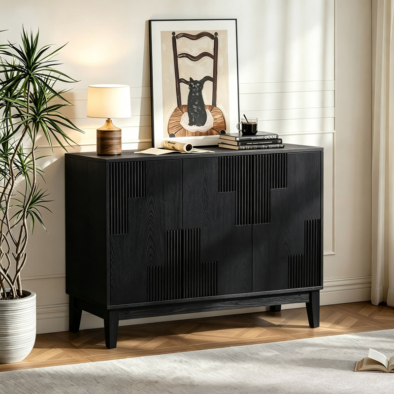 Buffet Mid-Century moderne avec rangement et patchwork à rayures verticales pour la décoration intérieure, Black