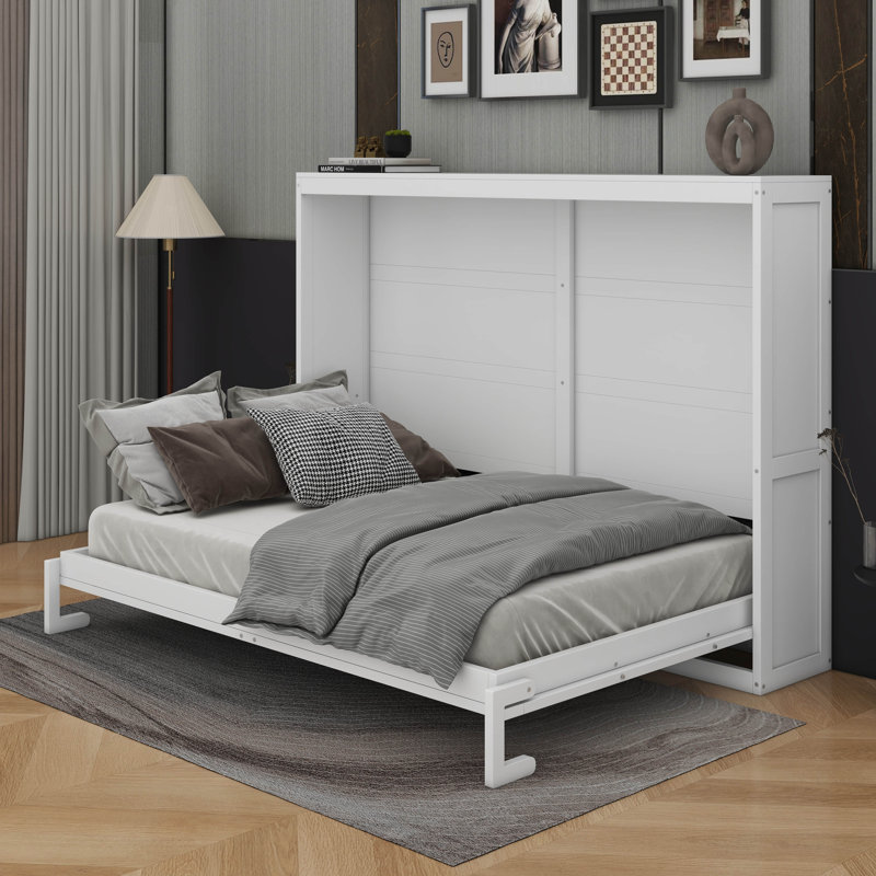 Lit escamotable avec prises et ports USB, lit escamotable avec tiroirs de rangement, structure à poulie, Grand, White 1