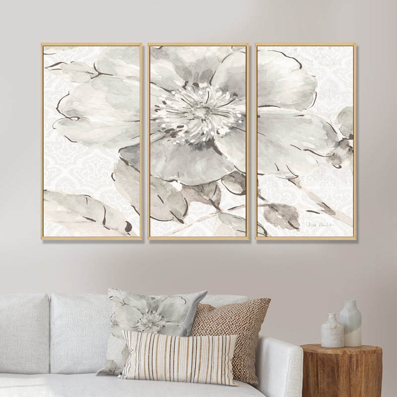 Indigold gris pivoines II - ensemble d'art mural sur toile traditionnel encadré de 3, H 32 po x l 48 po x P 1 po, Cadre brun