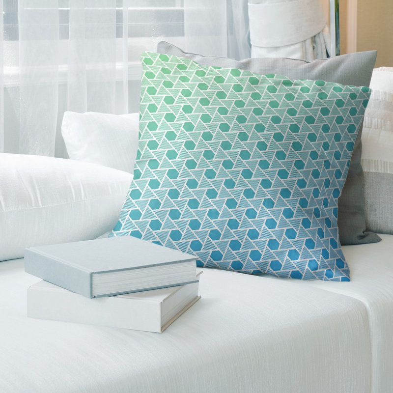 Coussin décoratif hexagonales et triangles, 14 po x 14 po, Bourre en polyester, Vert / bleu