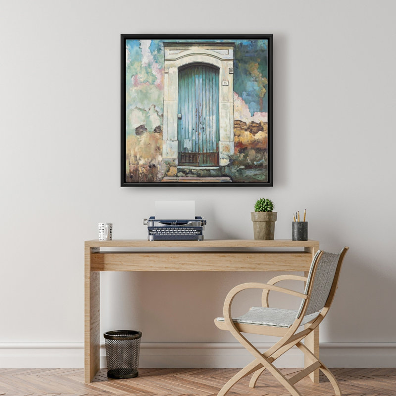 Toile porte bleue | Nature morte encadrée pour la décoration intérieure, H 25,25 po x l 25,25 po