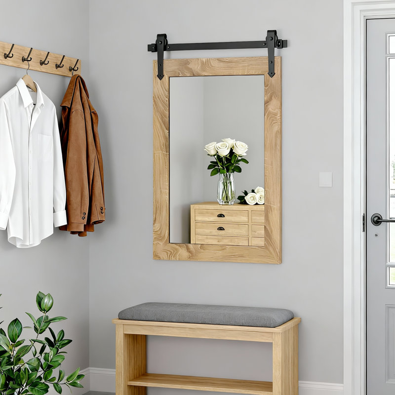 Rustic Farmhouse Solid Wood Accent Mirror Decorative Mirror Rectangle Bathroom Mirror Barn Wall Mirror, Natural Wood