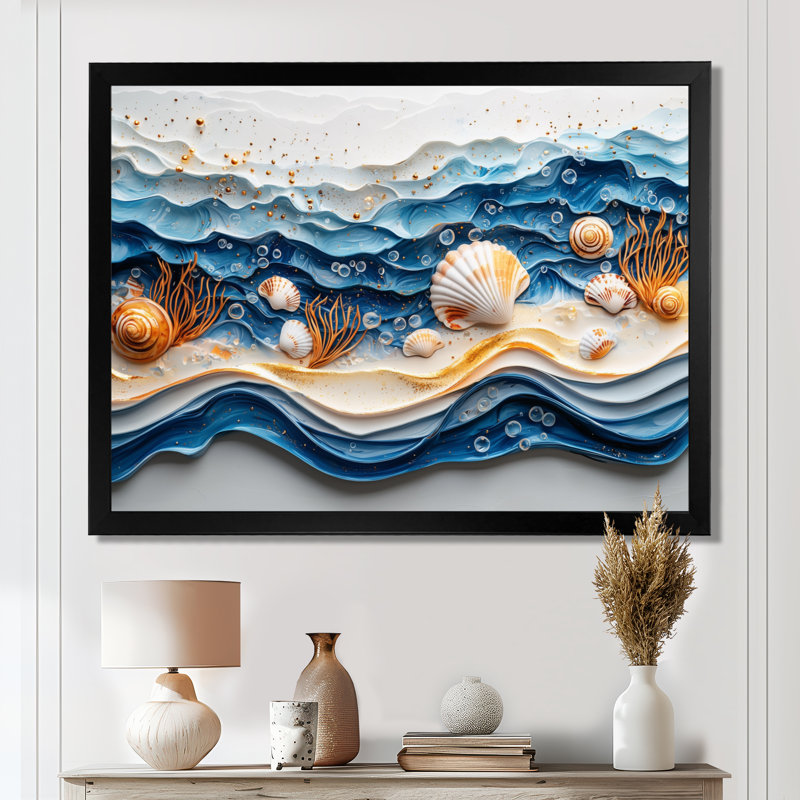 Abstrait coquillage et plage vue aérienne IV - art mural bord de mer, H 12 po x l 20 po, Cadre simple, Noir