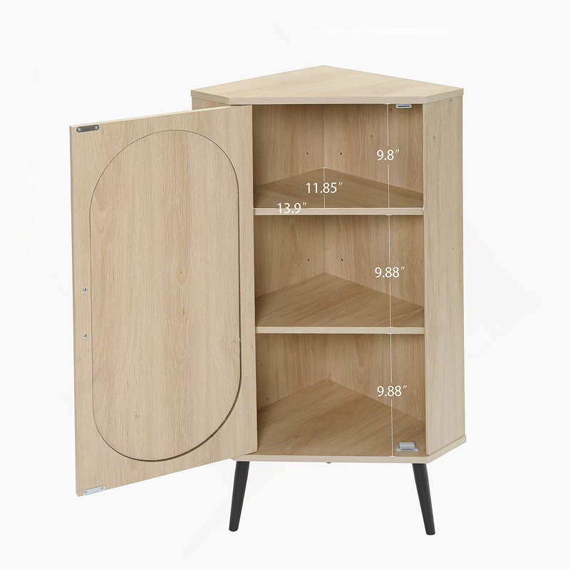 Armoire de coin, avec une porte en rotin, une table de coin autoportante conçue pour les petits espaces, Naturel