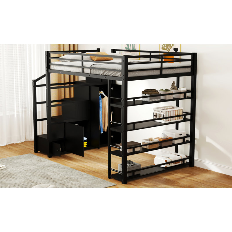 Lit mezzanine double en métal noir avec escalier de rangement et tablettes à 4 niveaux, tablettes pour étude, espace de loisirs idéal, armoires de garde-corps sécuritaires convertibles en espace de lecture ou d'artisanat, longueur