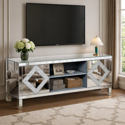 Mirrored TV Stand Mirror Doors with Open Storage