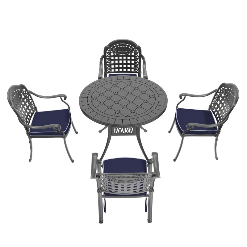 Ensemble de 5 meubles de patio en fonte d'aluminium avec coussins bleus, 4