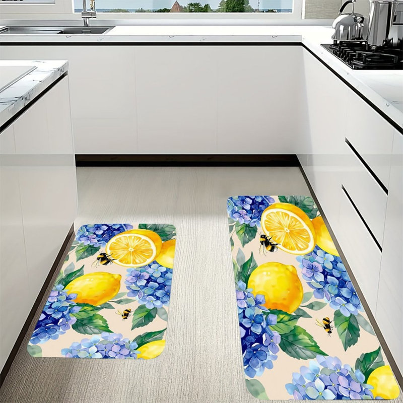 Tapis de cuisine beige avec hortensias et abeilles citron, 2 pièces, décor floral pour la cuisine et le salon