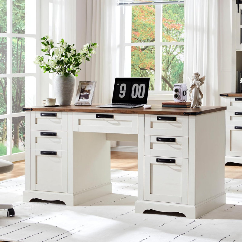 Deserey 60" W Farmhouse Solid and Manufactured Wood Executive Desk with Charging Station, Reclaimed Baenwood, White