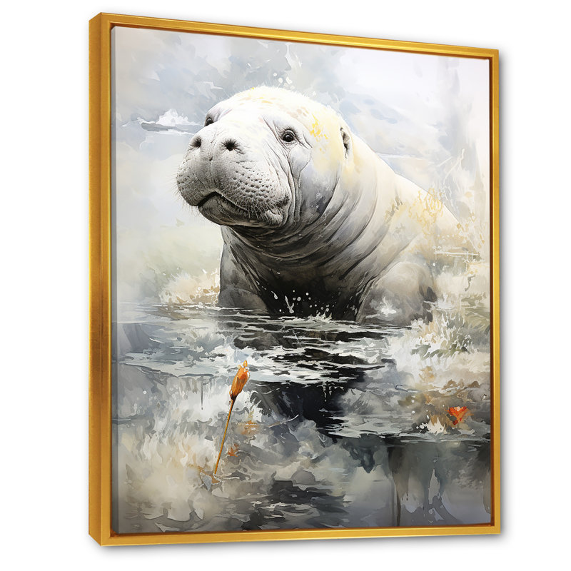 «Gray Humble Manatee I», reproduction sur toile, Cadre flottant doré, H 44 po x l 34 po x P 1,5 po
