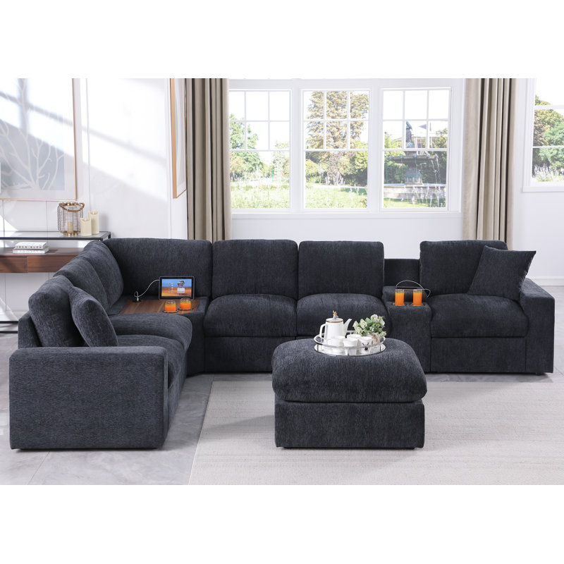 Canapé modulaire avec repose-pieds, porte-gobelet et table d'angle Jasmine, Mélange de lin gris foncé