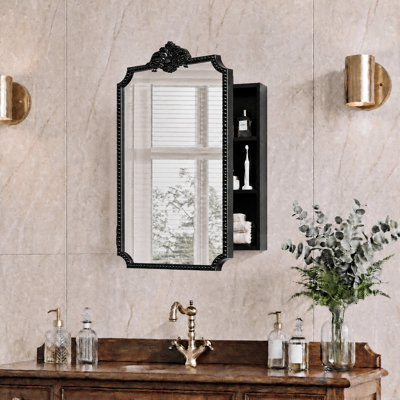 Armoire à pharmacie rectangulaire rétro 16 po x 24 po avec miroir, rangement mural pour salle de bain avec option de montage encastré / en surface, conception rétro baroque, bordure perlée noire, installation facile