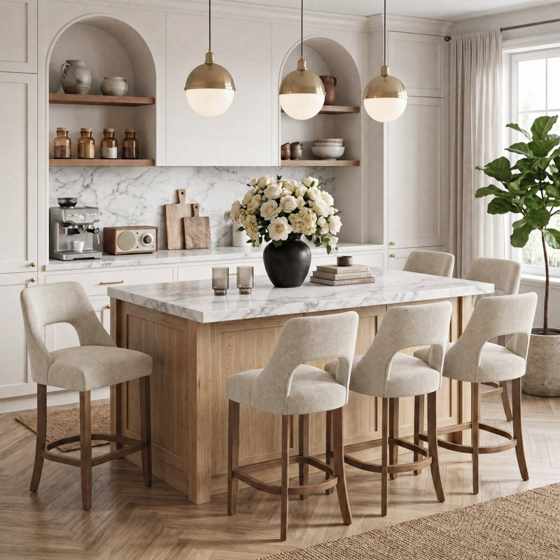 Tabourets de bar à hauteur de comptoir Arlette de 26 po avec pieds en bois pour îlot de cuisine, Crème/beige