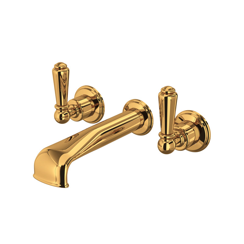 Edwardian Wall Mount Tub Filler Trim With U-Spout, English Gold, With Lever Handles