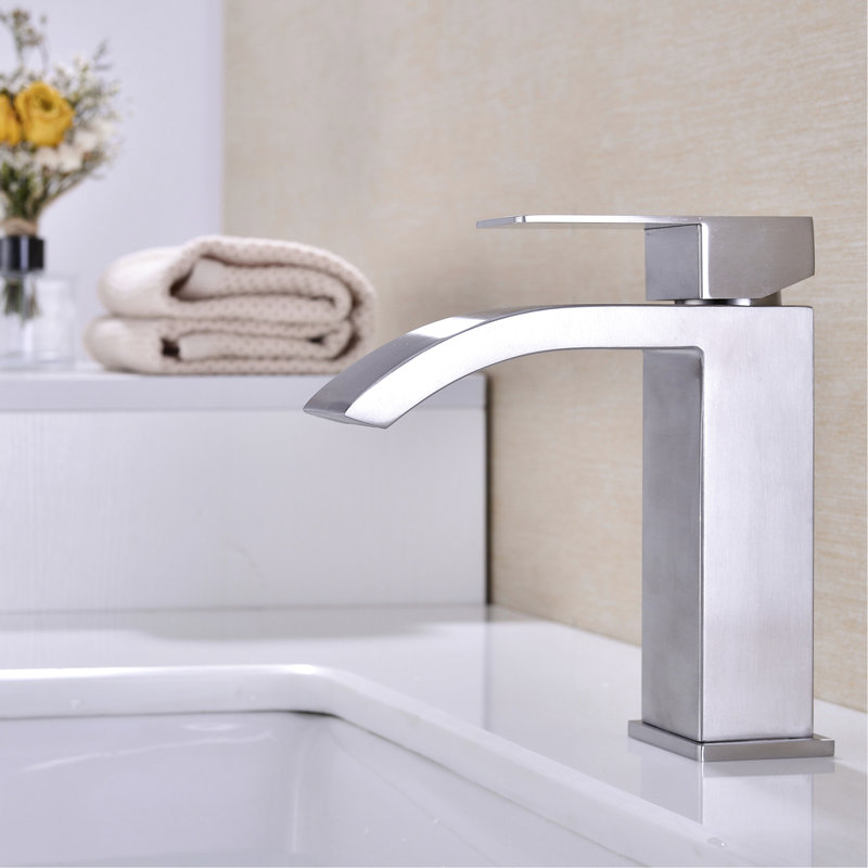 Robinet de lavabo de salle de bain avec sortie cascade, poignée simple, bonde escamotable pour trop-plein, nickel brossé, débit d'eau facile et ajustement de la température, matériau en acier inoxydable, débit stable,