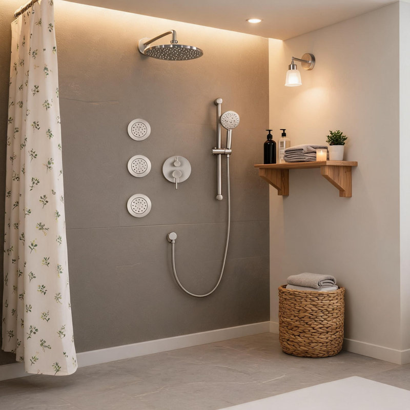 Système de douche complet en laiton brossé avec pomme de douche, douche à main, barre coulissante, jets de corps, bras de douche, garniture de valve de tuyau