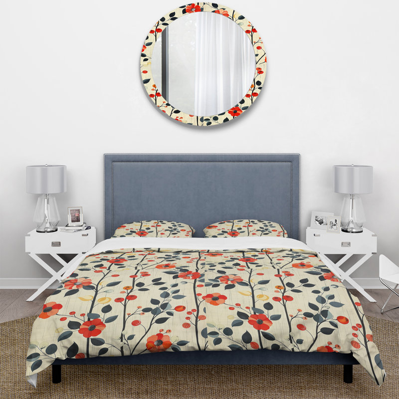 Ensemble de housse de couette orange vert floral Harmony - Mid-Century, Housse de couette très grand + 2 taies décorativ