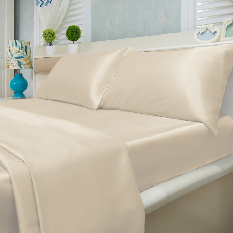  Ensemble de draps en satin 4 pièces Luxury & Soft, Ensemble de draps pour grand lit avec 2 taies d'or, Ivoire