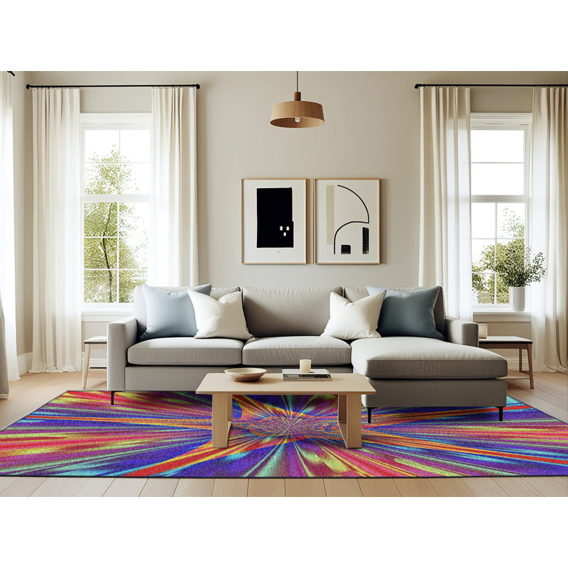 Tapis jaune/bleu/rouge tissé à la machine, Rectangle 6 pi x 9 pi