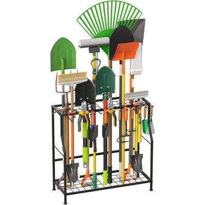 Support à outils de jardin à 2 niveaux avec fentes à long manche et crochets, rangement de jardin robuste pour remise, pelouse et garage