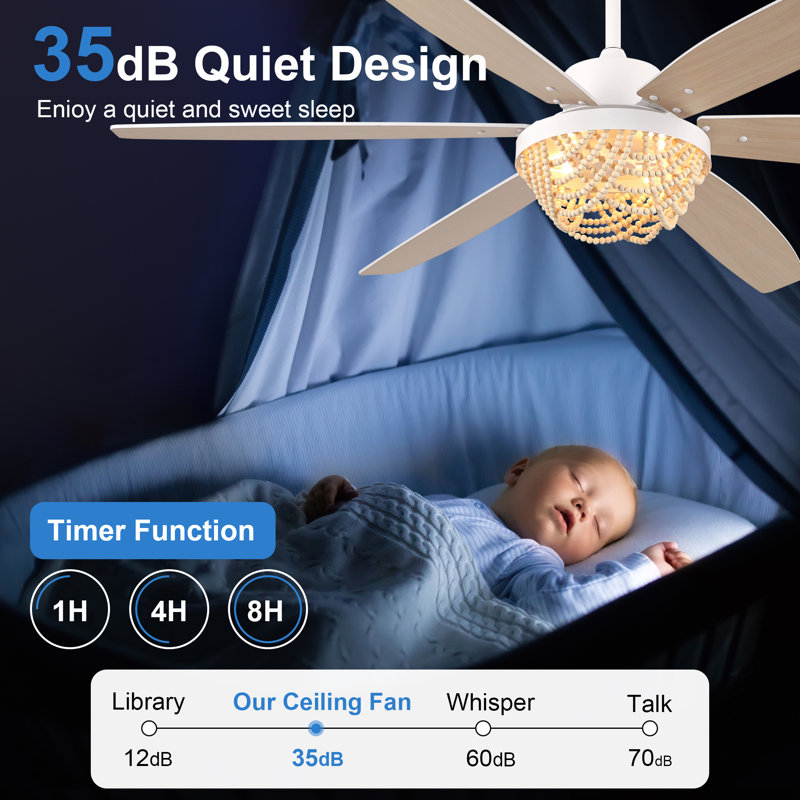 Ventilateur de plafond 65 po en bois avec lumière 65 po et télécommande réversible 6 vitesses pour salon