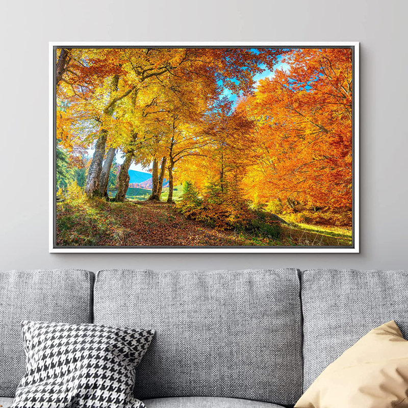 Automne, automne, jaune, arbre, forêt, nature, paysage, automne, images encadrées sur toile, L 36 po x H 24 po, Cadre blanc