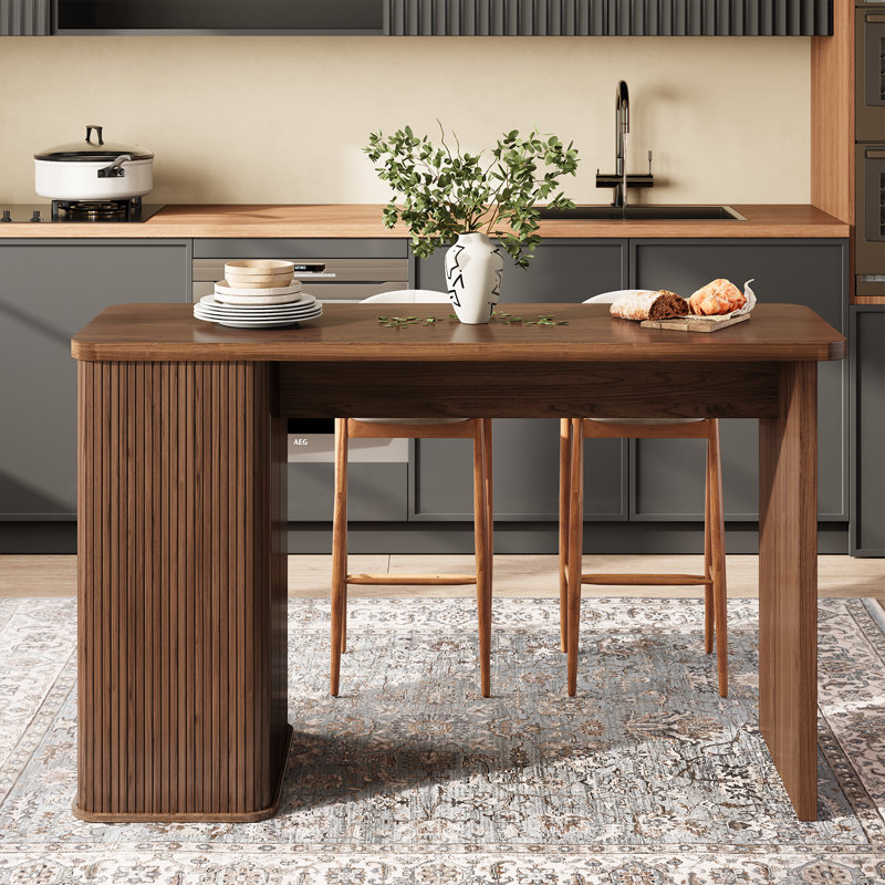 59'' Wooden Kitchen Island With Storage, Rectangular Bar Table With Drawer And Wine Rack, Walnut, 36" H x 59" W x 21.7" D