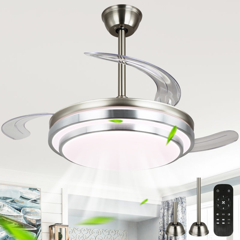 42 Inch Retractable Ceiling Fan With Lights, Modern Silent DC Motor 6 Speeds Chandelier Ceiling Fan For Bedroom, Clear
