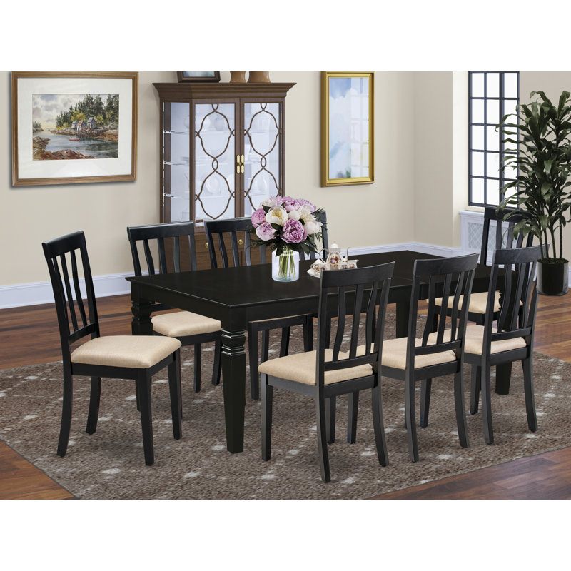 9 Piece Dining Room Table Set Includes a Rectangle Kitchen Table with Butterfly Leaf and 8 Linen Fabric Dining Chairs, Black