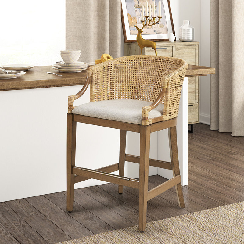 Tabouret de comptoir naturel de 25 po de hauteur avec coussin et pieds stables fabriqués à la main - assise rembourrée de lin, pieds en bois massif, touche bronze antique