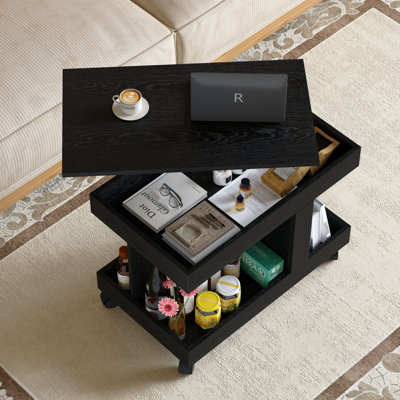 Petite table basse avec roulettes, table d'appoint multifonctionnelle rotative à 360 °, table de bout roulante avec compartiment de rangement, table de chevet mobile pour le salon, la chambre et le mobilier de maison