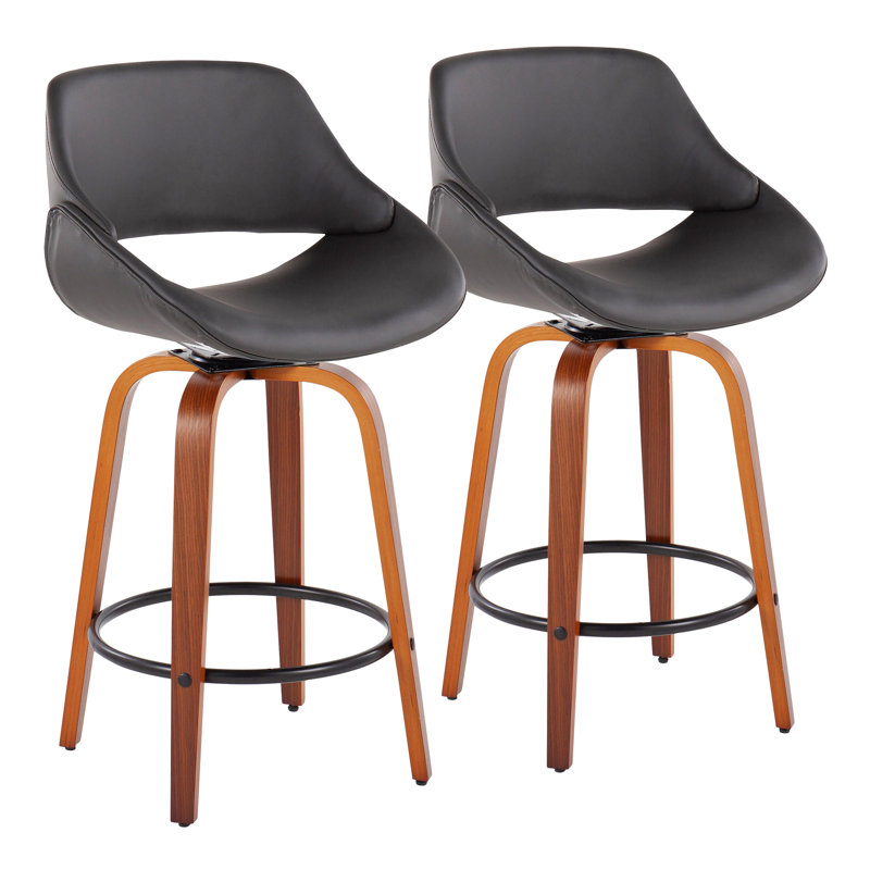 Najrin Faux Leather Upholstered Bar & Counter Stool with Round Footrest, Cream, Walnut/Black, Counter Stool (26" Seat Height)