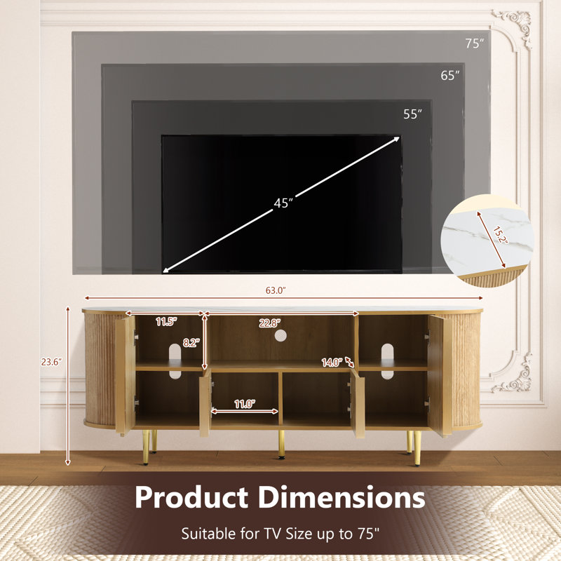 63" Tv Stands Console, Fluted Modern Mid Century Entertainment Center Console For 55/60/65/70/75 Inches Tvs, Curved Tv Stand With Open Storage & Adjustable Shelves For Living Room, Bedroom
