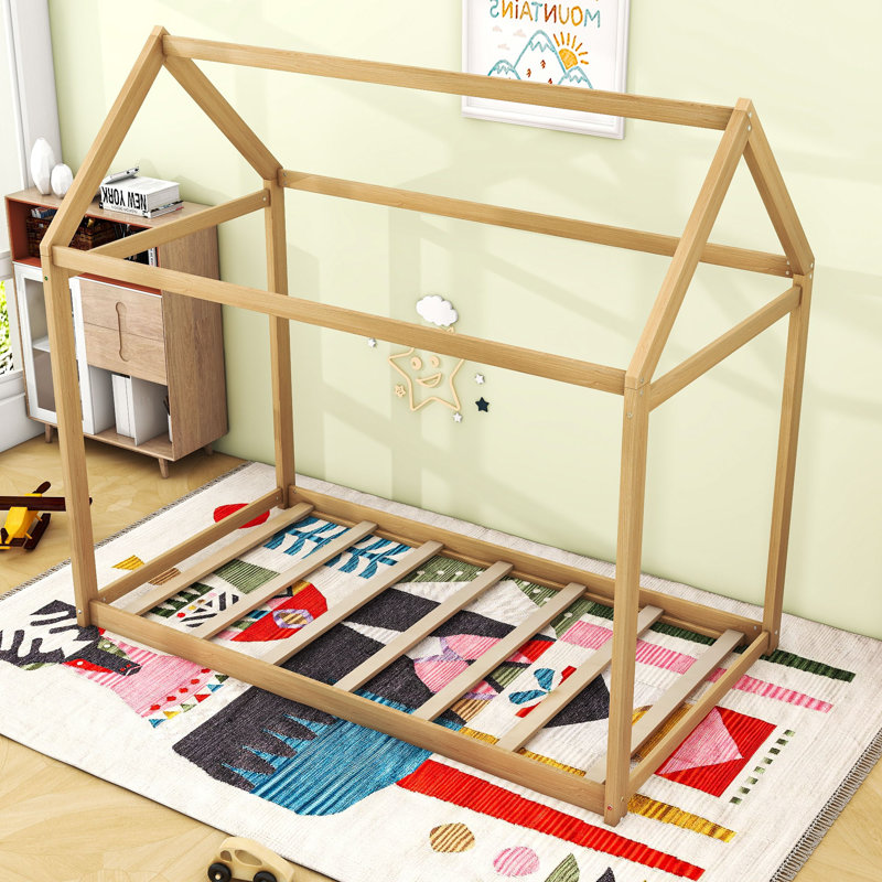 Twin Size Wooden House Bed with Roof, Bois