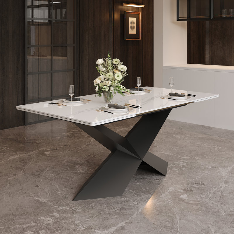  63-95"Extendable Modern Dining Table for 4-10, White Glossy Sintered Stone Tabletop, Rectangular Kitchen Table with black X-Shaped Steel Legs