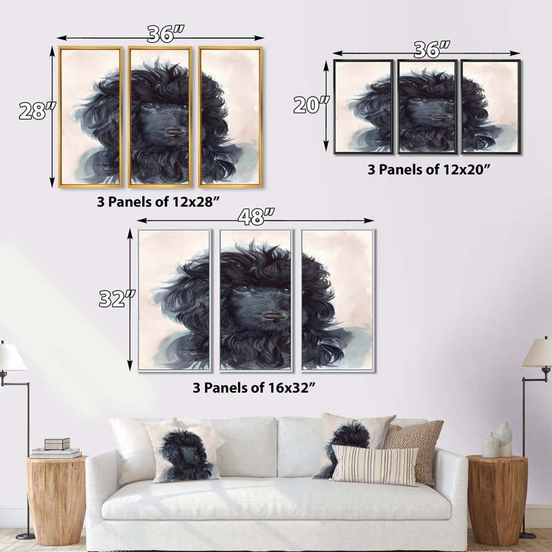 Portrait du chiot caniche noir avec manteau bouclé - 3 pièces, reproduction sur toile, H 20 po x l 36 po x P 1 po