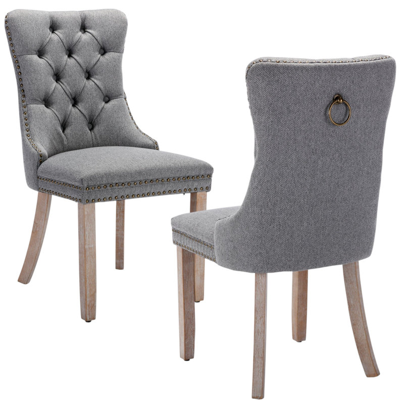 Modern Tufted Upholstered Dining Chair with Nailhead Trim and Solid Wood Legs, Linen Gray, Brown