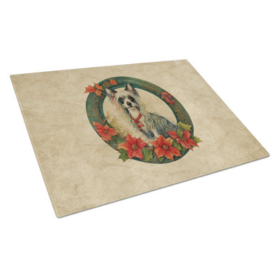 Chinese Crested Christmas Flowers Glass Cutting Board