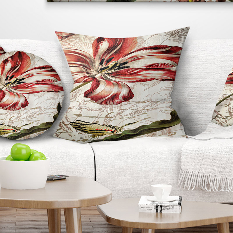 Motif floral rouge avec papillon - coussin imprimé floral, 16 po x 1 po, Coussin décoratif