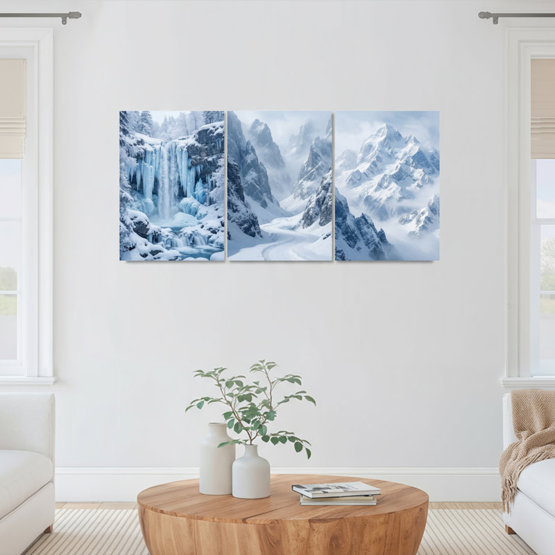 Ensemble de 3 tableaux sur toile tendue représentant un paysage de montagne enneigée et une cascade, H 18 po x l 36 po