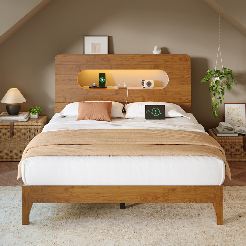 Lit plateforme en bois massif avec tête de lit à DEL et rangement USB - Double / Grand / Très grand, Naturel / Brun, Brown