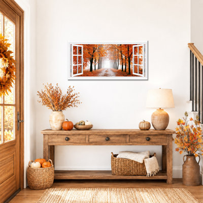  Art mural d'automne sur toile style fenêtre ouverte, impressions de photos de paysage d'automne rustique, feuille d'érable de campagne rétro, décor de l'Action de grâce, peinture pour grand salon, 20 x 40 pouces