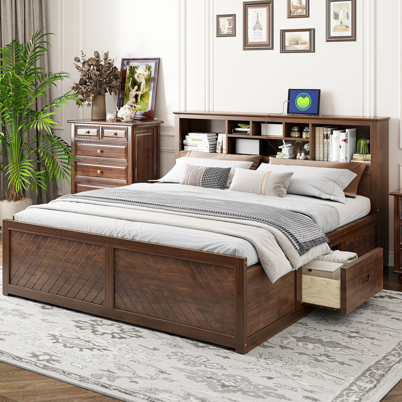 Lit plateforme en bois avec tête de lit multi-rangement, USB et 2 tiroirs, Bois antique