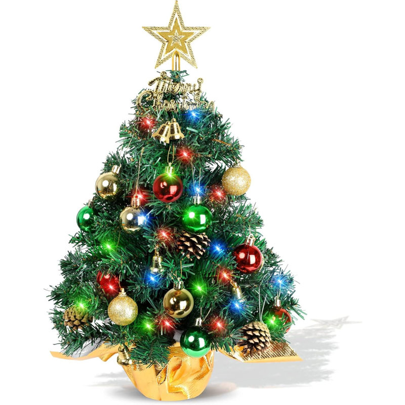 22-Inch Green Plastic Tabletop Christmas Tree with LED Lights and Ornaments